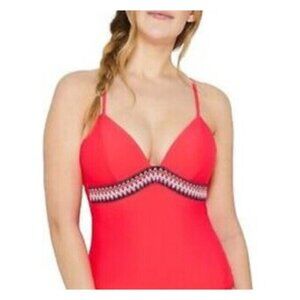 Pink Stretch Push-Up Tassel-Tie Lined Deep V Neck Fixed Cups Zig Zag. NWT